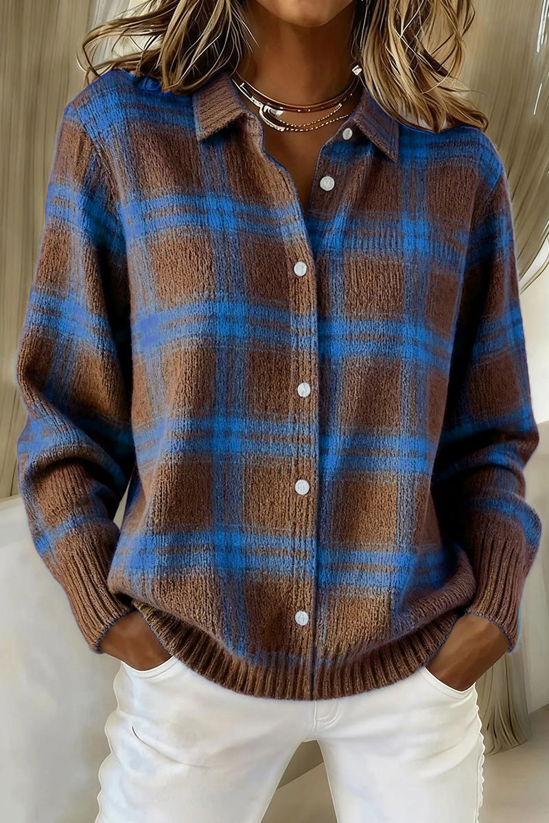 Women's plaid print casual cotton button-down cardigan sweater