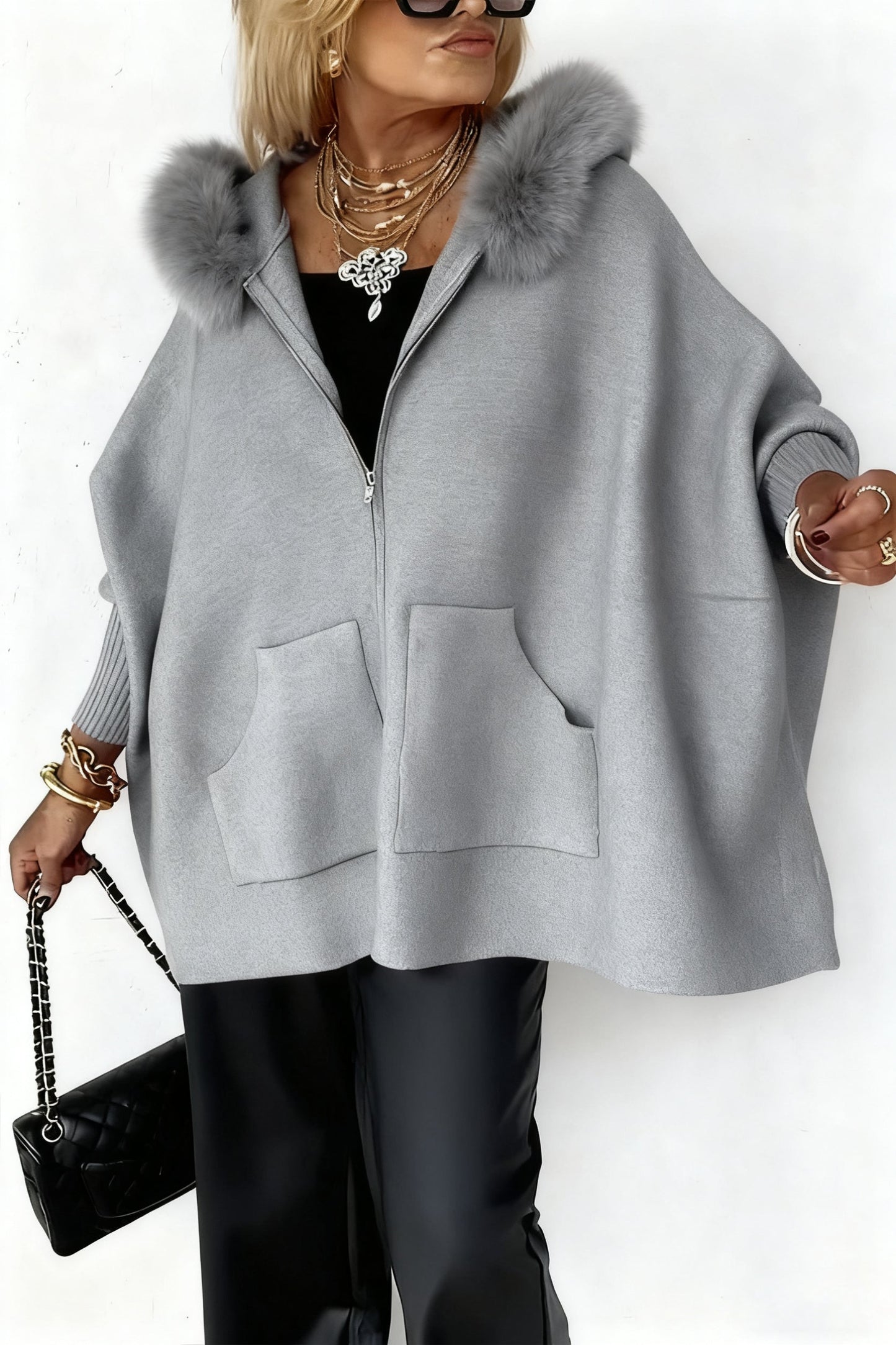 Women Fur Collar Solid Color Casual Jacket