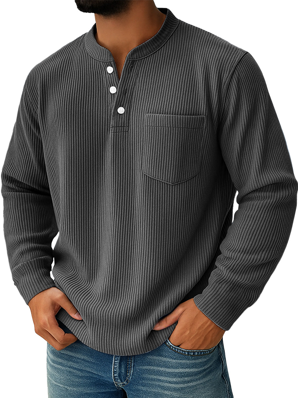 Men's Simple Everyday Ribbed Stand Collar Pocket Shirt