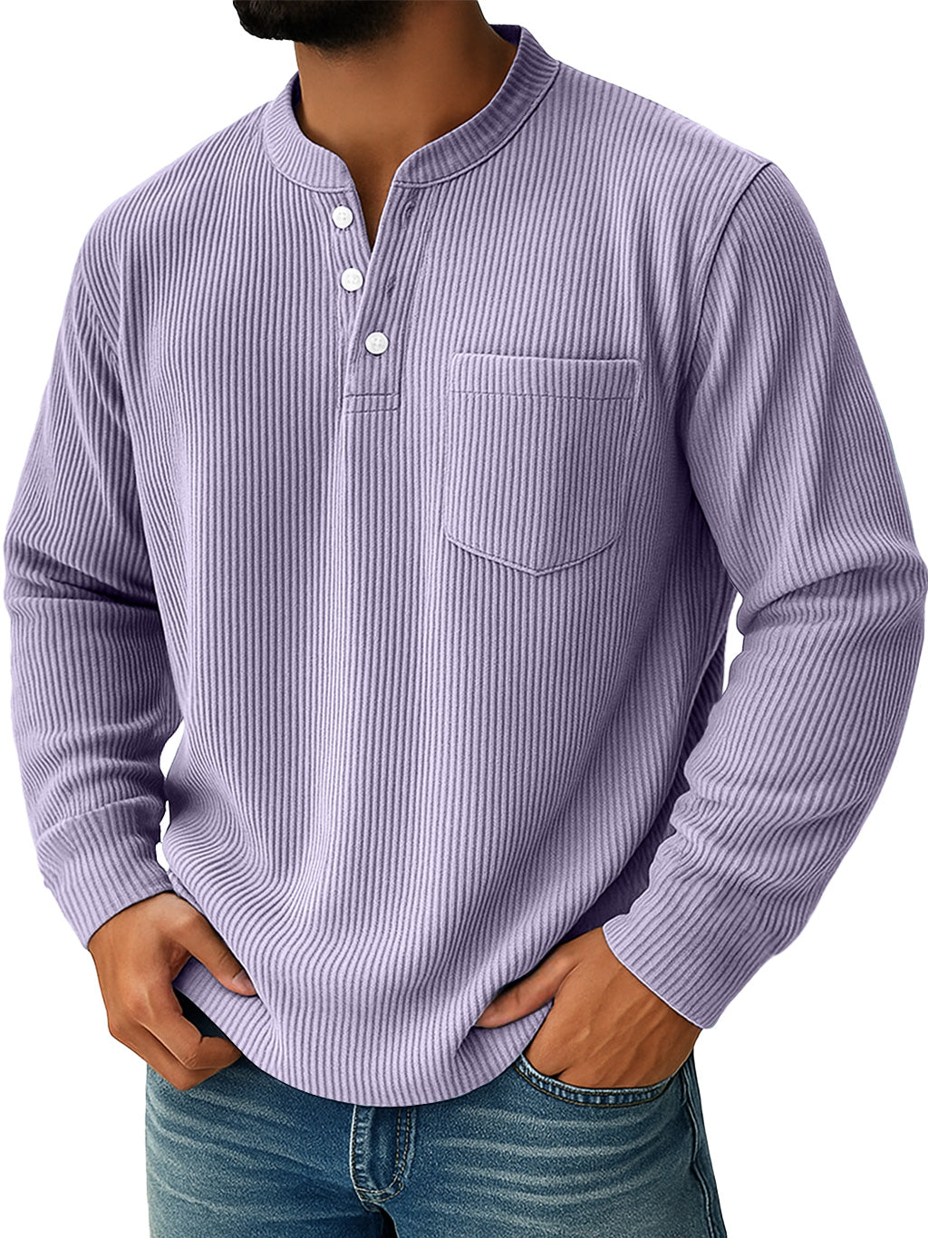 Men's Simple Everyday Ribbed Stand Collar Pocket Shirt