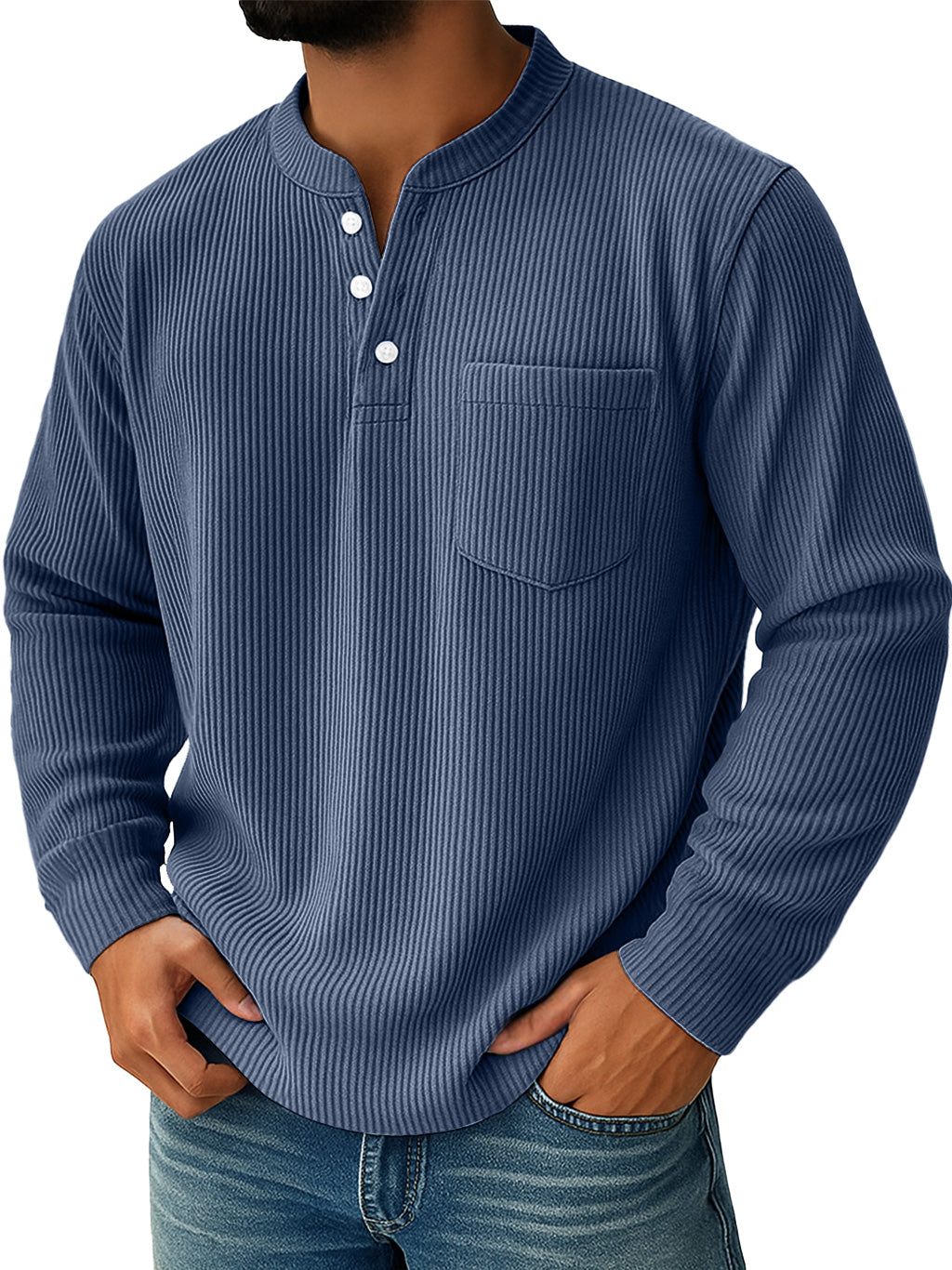 Men's Simple Everyday Ribbed Stand Collar Pocket Shirt