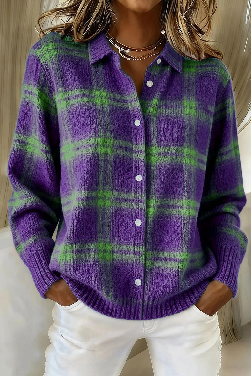 Women's plaid print casual cotton button-down cardigan sweater