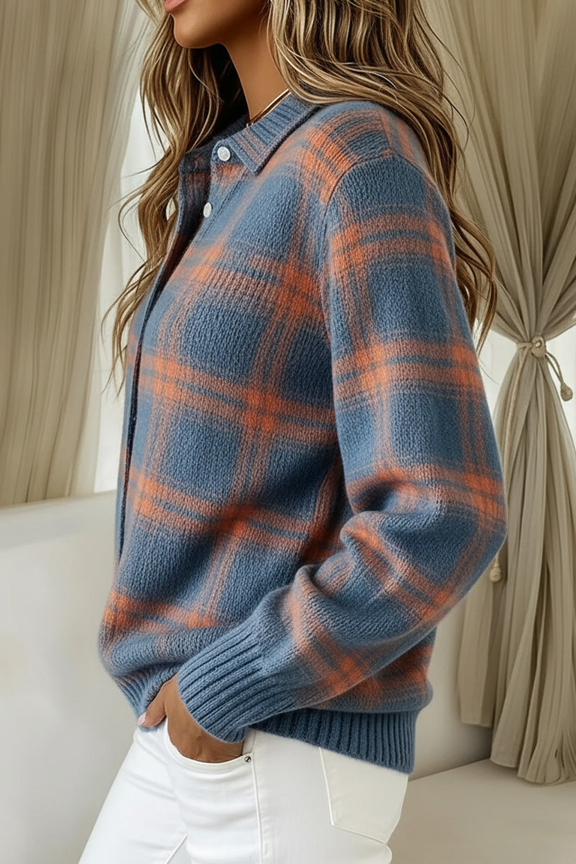 Women's plaid print casual cotton button-down cardigan sweater